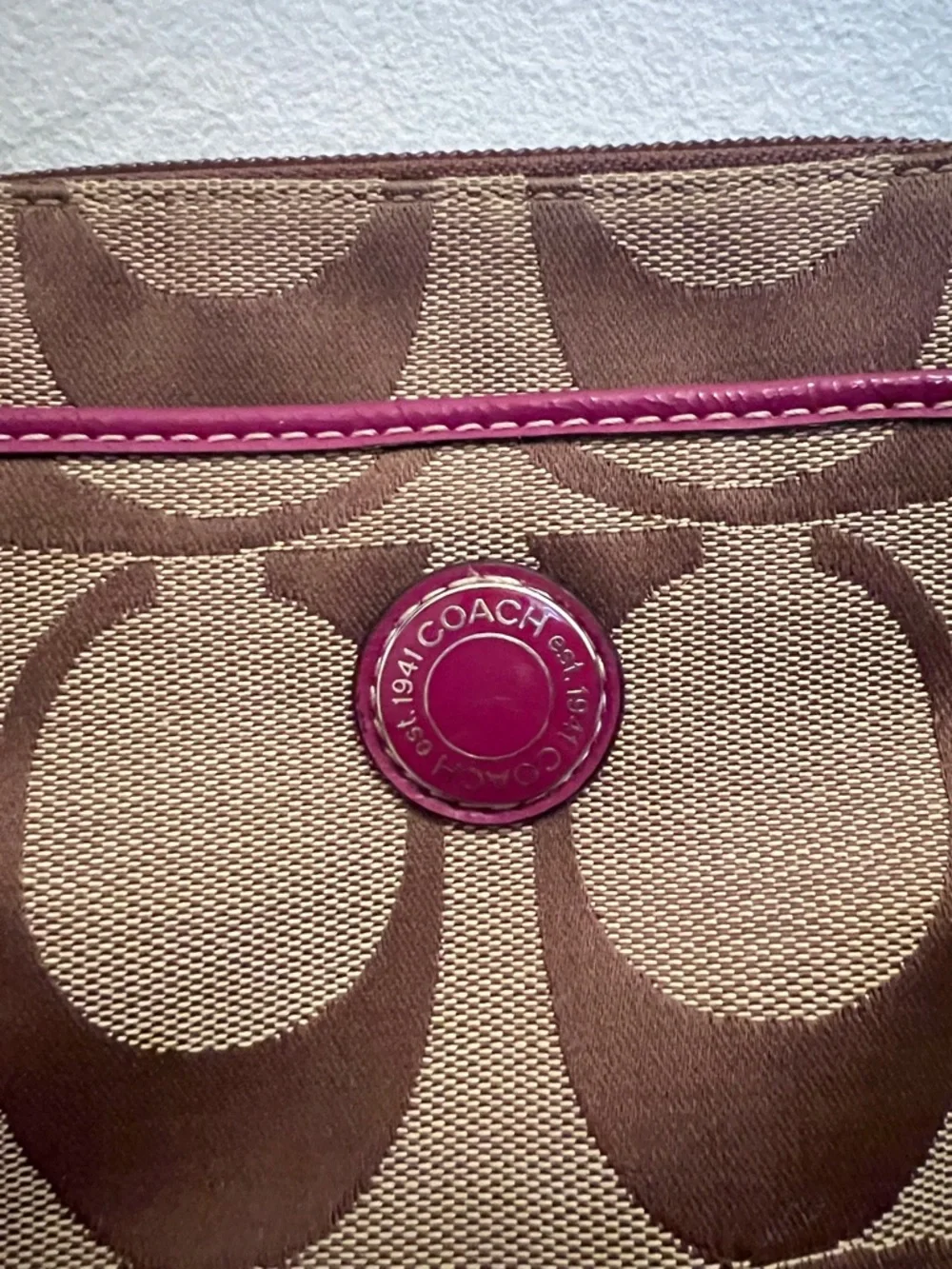 Coach Brown Signature Crossbody with Pink Trim and Pom Charm - Picture 3 of 11